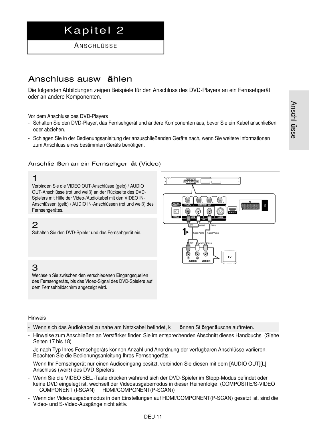 Samsung DVD-HD850/XEG Anschluss auswä hlen, Vor dem Anschluss des DVD-Players, Anschließen an ein Fernsehgerä t Video 