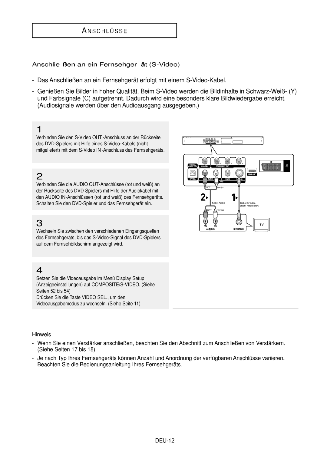 Samsung DVD-HD850/XEG manual Anschließen an ein Fernsehgerä t S-Video, Hinweis, DEU-12, Video SEL., um den 