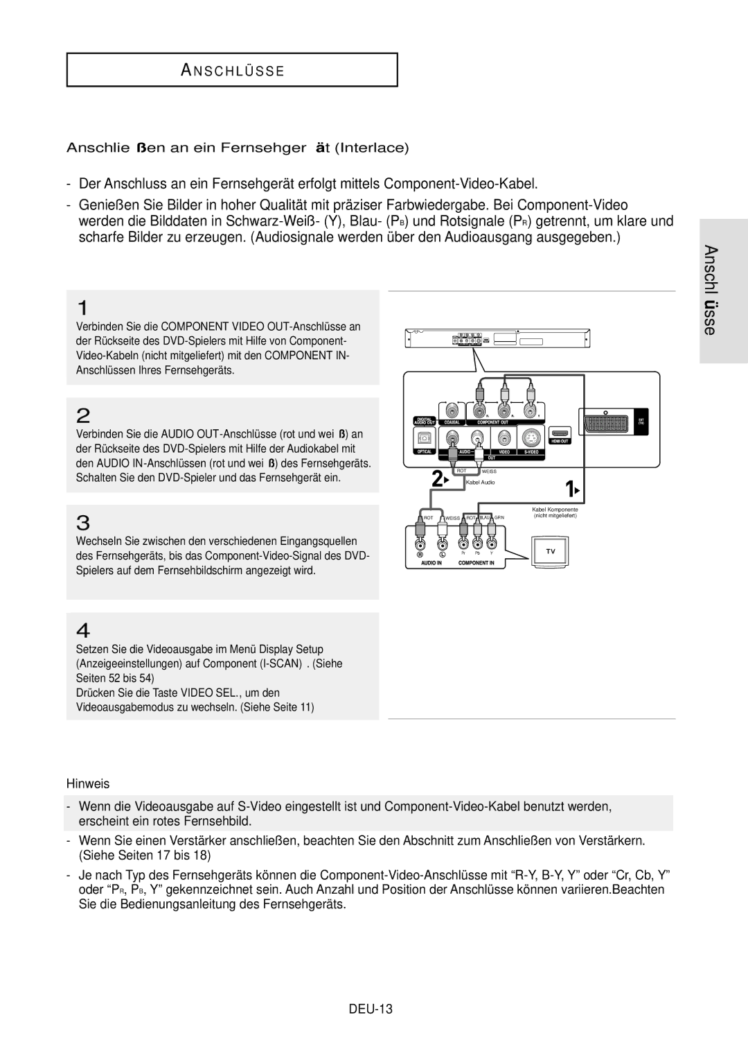 Samsung DVD-HD850/XEG manual Anschließen an ein Fernsehgerä t Interlace, DEU-13, Video SEL. , um den, Audio OUT-Anschlüsse 