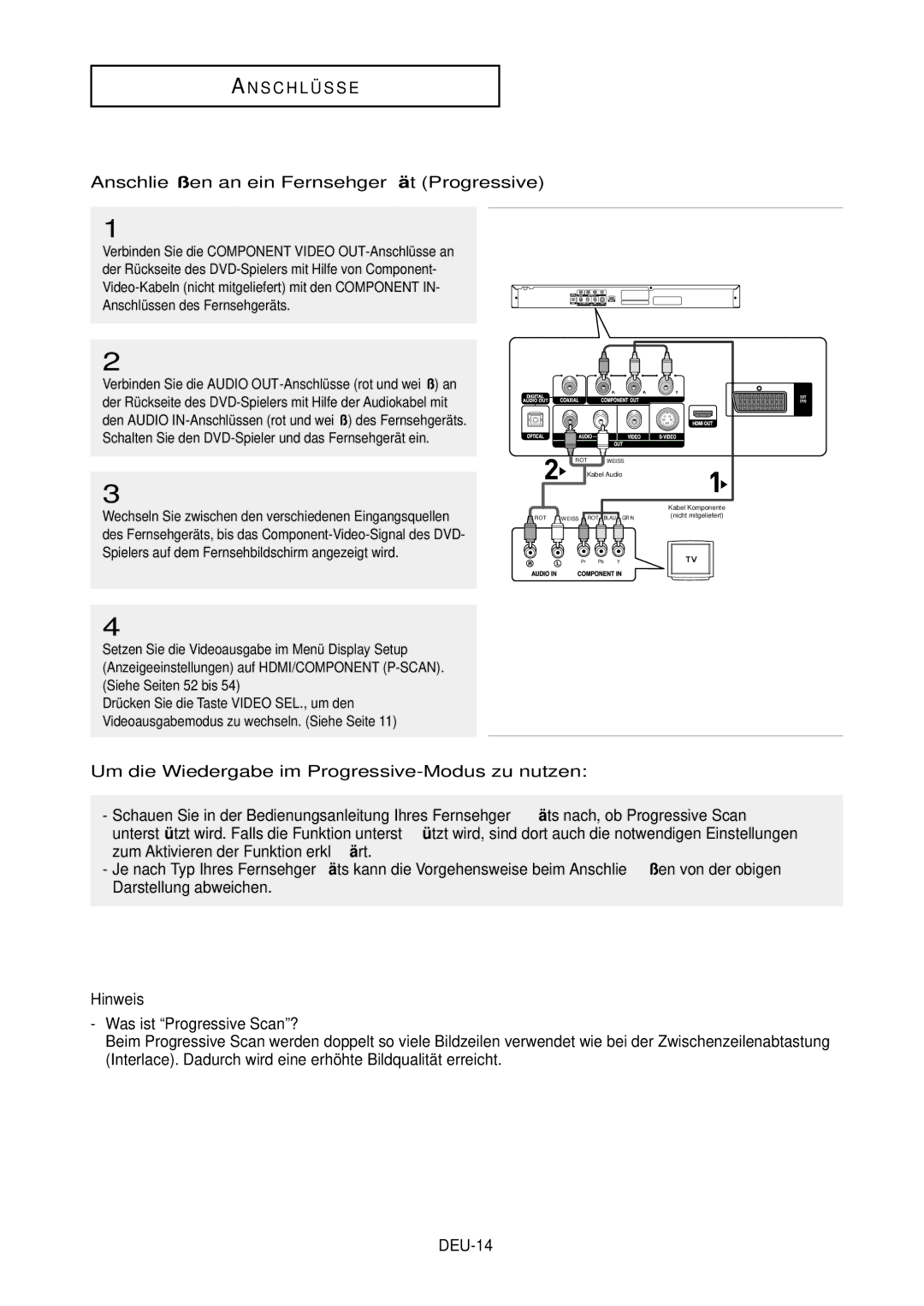 Samsung DVD-HD850/XEG manual Anschließen an ein Fernsehgerä t Progressive, Was ist Progressive Scan?, DEU-14 