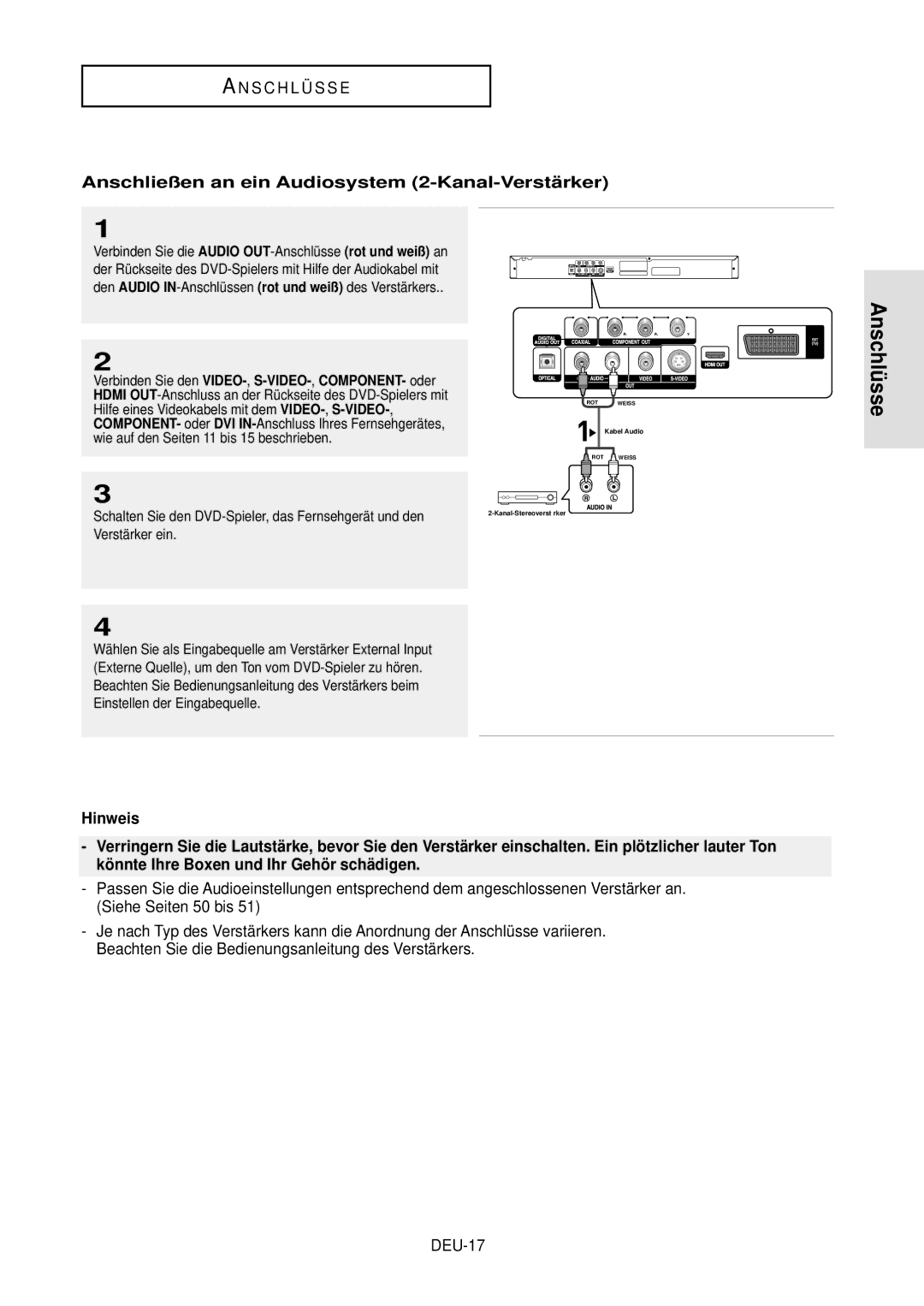 Samsung DVD-HD850/XEG manual Anschließen an ein Audiosystem 2-Kanal-Verstä rker, DEU-17, VIDEO- ,S-VIDEO- ,COMPONENT- oder 