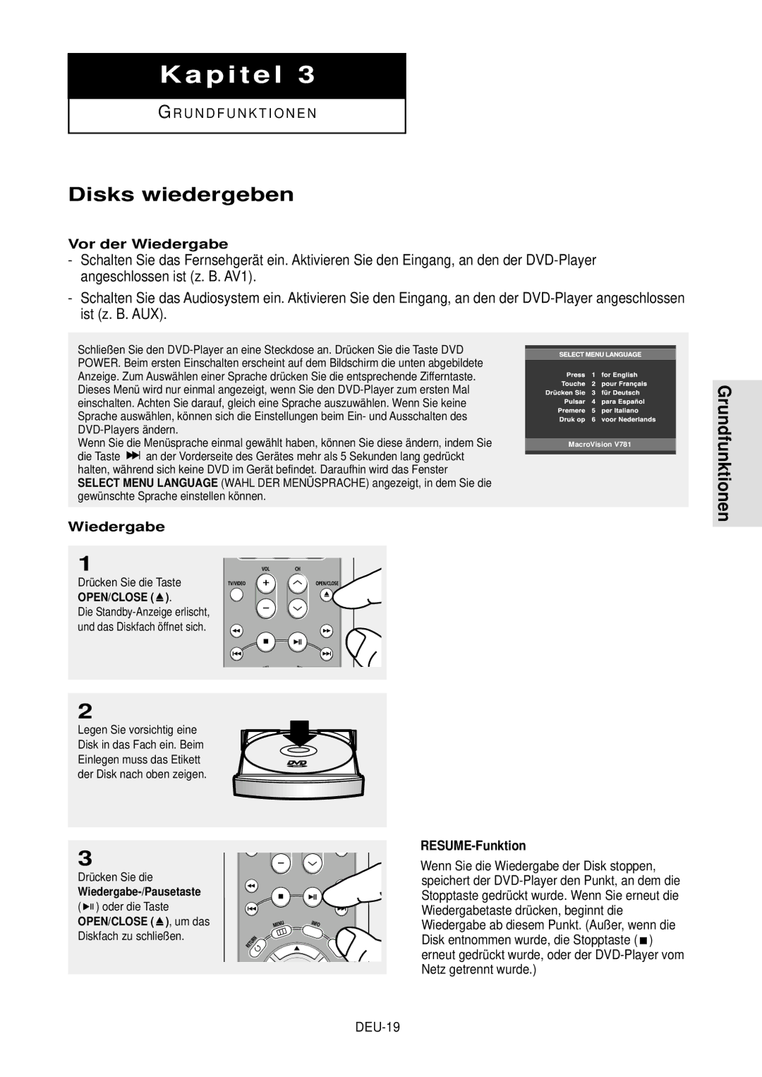 Samsung DVD-HD850/XEG manual Disks wiedergeben, Vor der Wiedergabe, RESUME-Funktion 