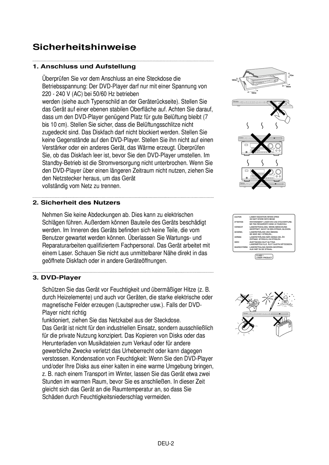 Samsung DVD-HD850/XEG manual Sicherheitshinweise, Vollständig vom Netz zu trennen 