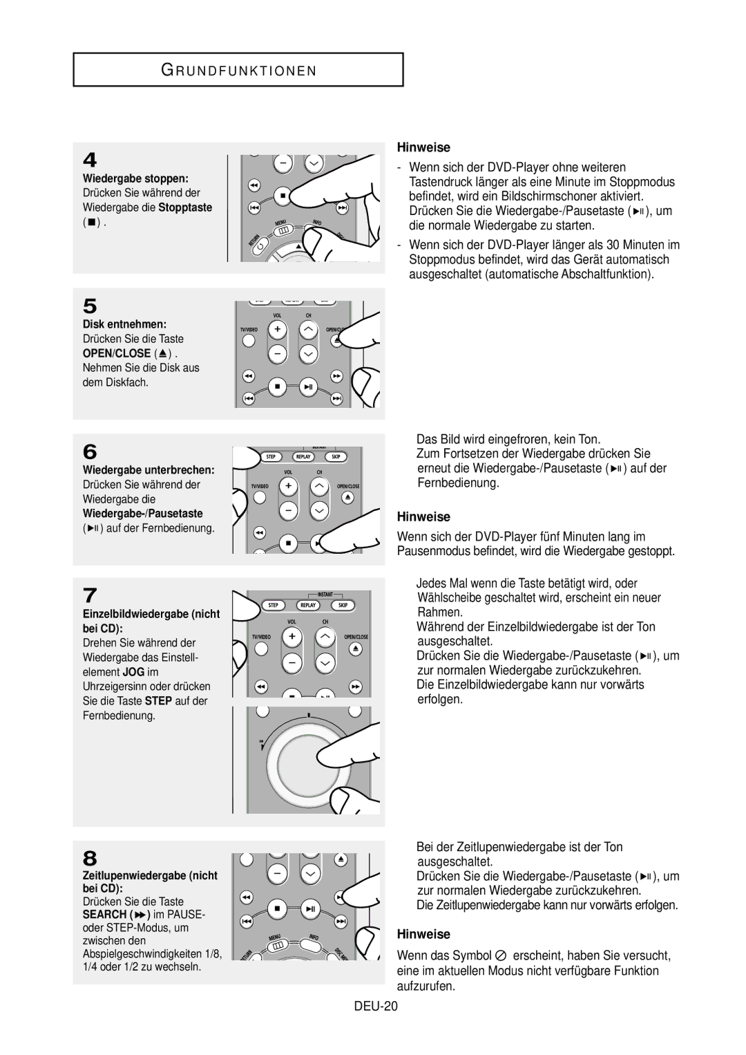 Samsung DVD-HD850/XEG manual Fernbedienung, Rahmen, Ausgeschaltet, DEU-20 