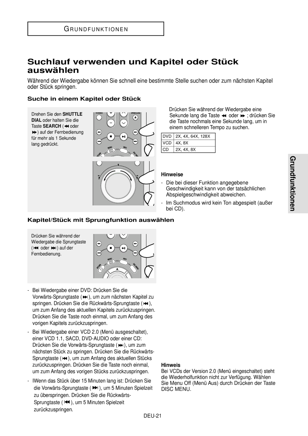 Samsung DVD-HD850/XEG manual Suchlauf verwenden und Kapitel oder Stü ck auswä hlen, Suche in einem Kapitel oder Stü ck 