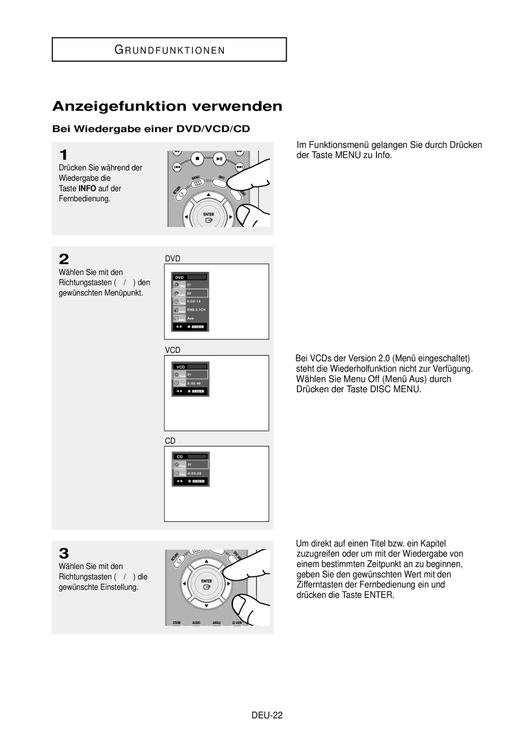 Samsung DVD-HD850/XEG manual Anzeigefunktion verwenden, Bei Wiedergabe einer DVD/VCD/CD, DEU-22, Wählen Sie mit den 