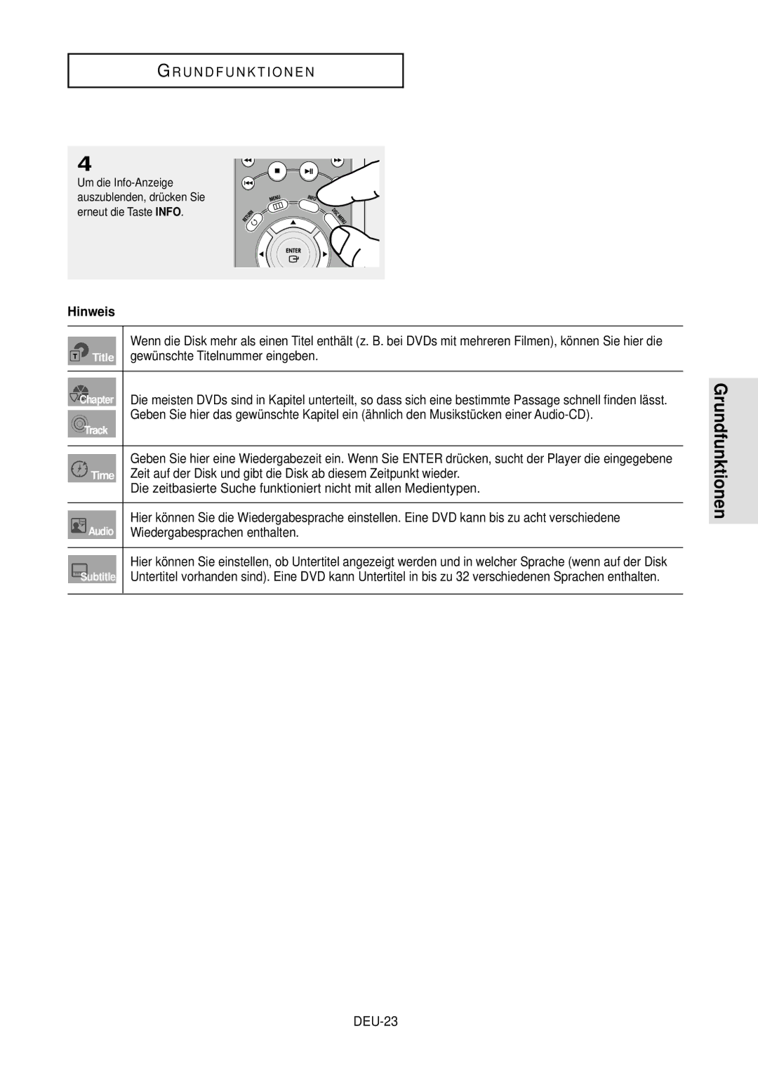 Samsung DVD-HD850/XEG manual Gewünschte Titelnummer eingeben, Wiedergabesprachen enthalten, DEU-23, Info, Erneut die Taste 