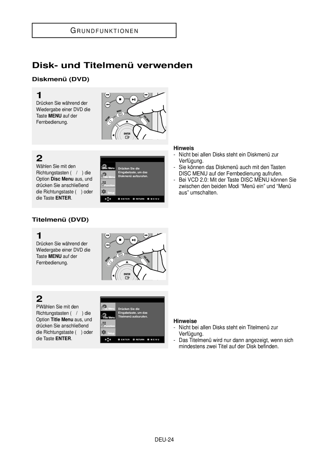 Samsung DVD-HD850/XEG manual Disk- und Titelmenü verwenden, Diskmenü DVD, Titelmenü DVD, DEU-24 