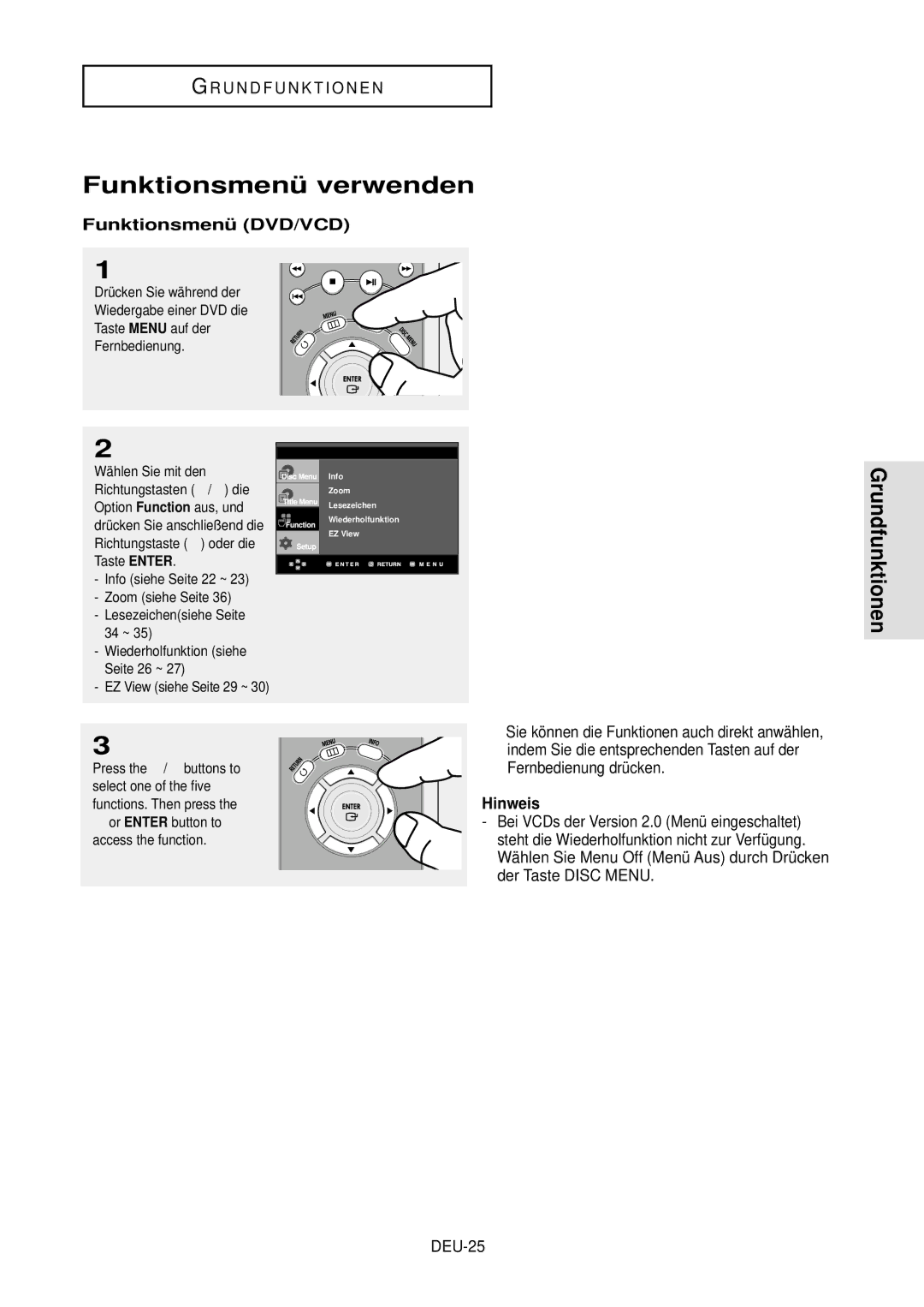 Samsung DVD-HD850/XEG Funktionsmenü verwenden, Funktionsmenü DVD/VCD, Fernbedienung drücken, Der Taste Disc Menu DEU-25 