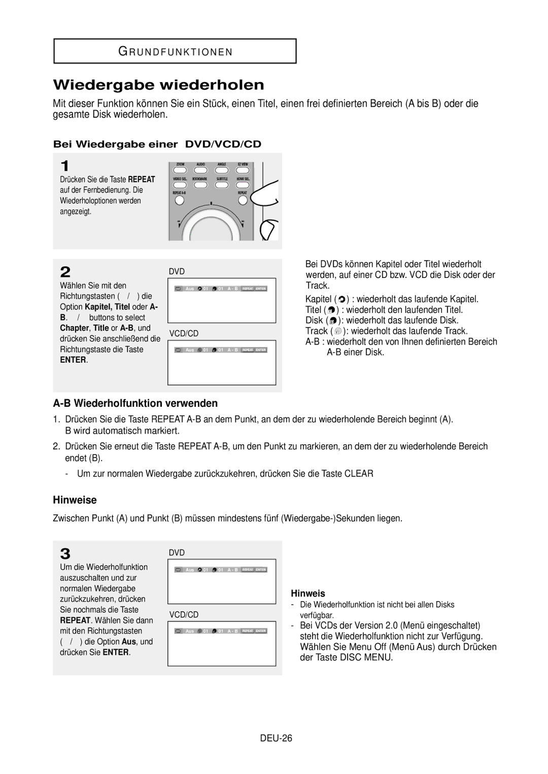 Samsung DVD-HD850/XEG manual Wiedergabe wiederholen, Bei DVDs können Kapitel oder Titel wiederholt, Titel T, Disk 