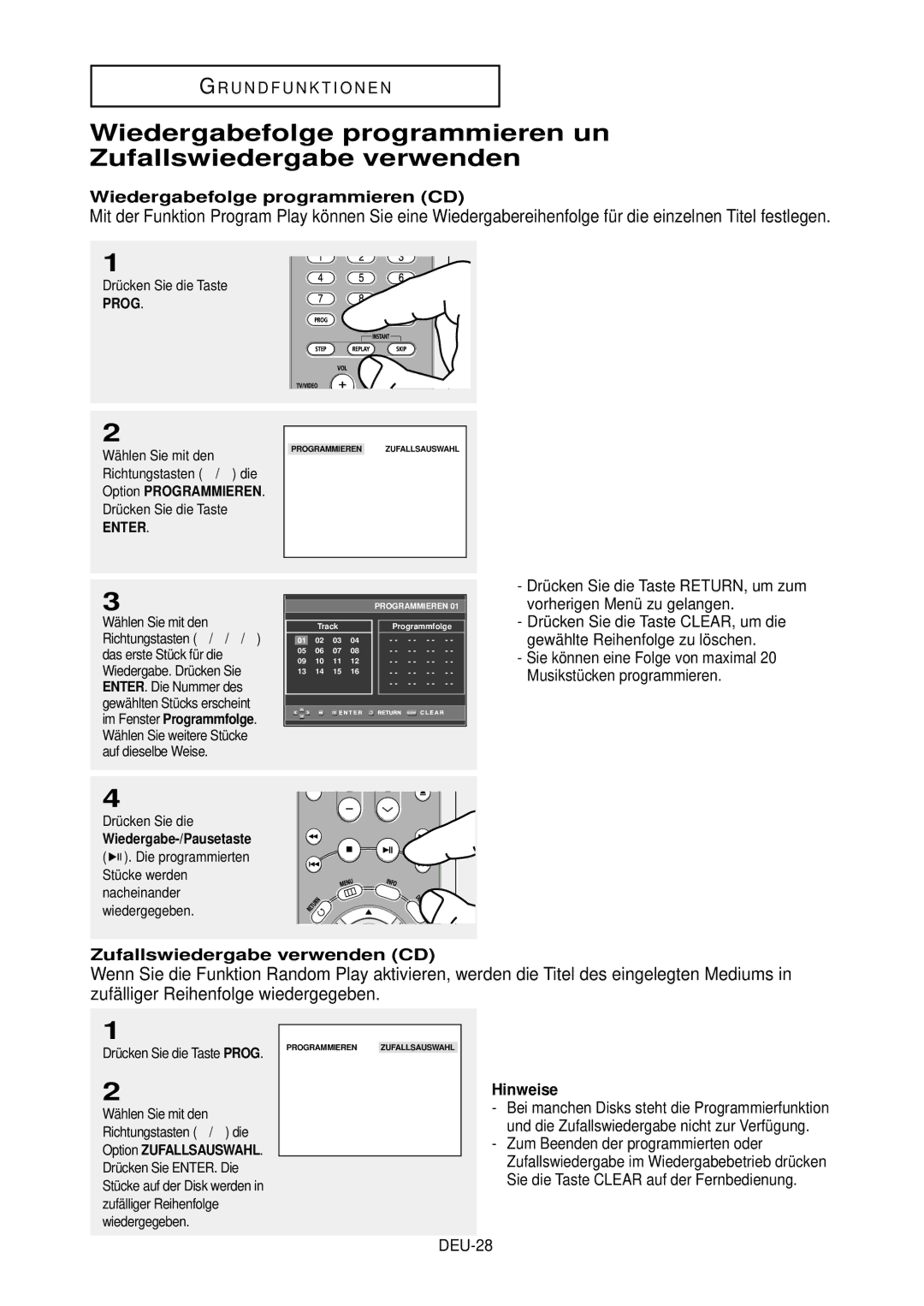 Samsung DVD-HD850/XEG manual Wiedergabefolge programmieren CD, Zufallswiedergabe verwenden CD, DEU-28, Prog 