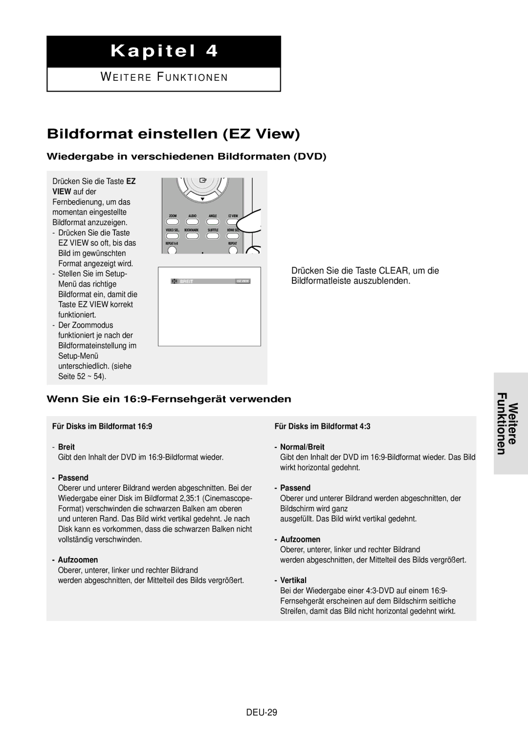 Samsung DVD-HD850/XEG manual Bildformat einstellen EZ View, Wiedergabe in verschiedenen Bildformaten DVD, DEU-29 