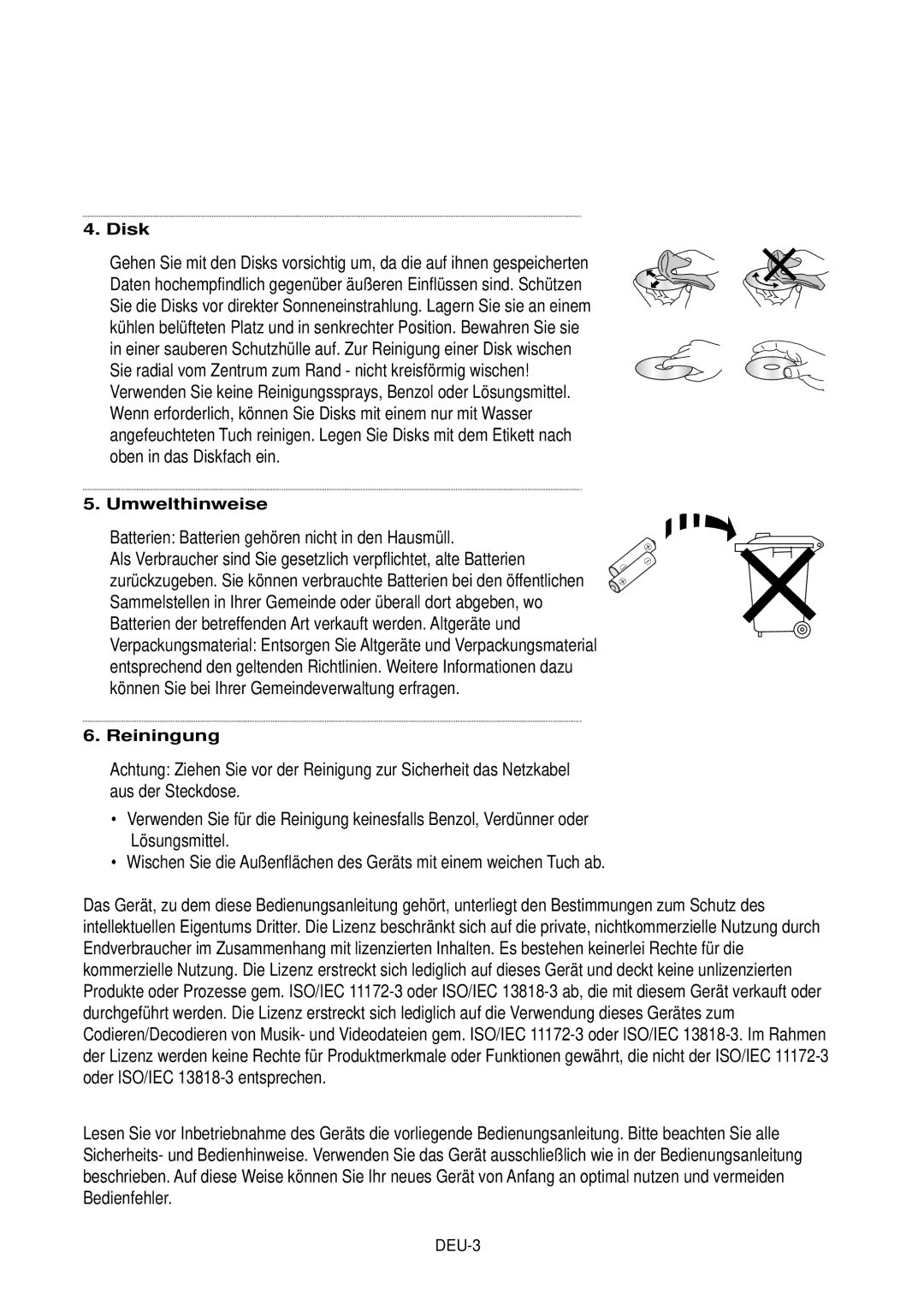 Samsung DVD-HD850/XEG manual Batterien Batterien gehören nicht in den Hausmüll, Disk, Umwelthinweise, Reiningung 