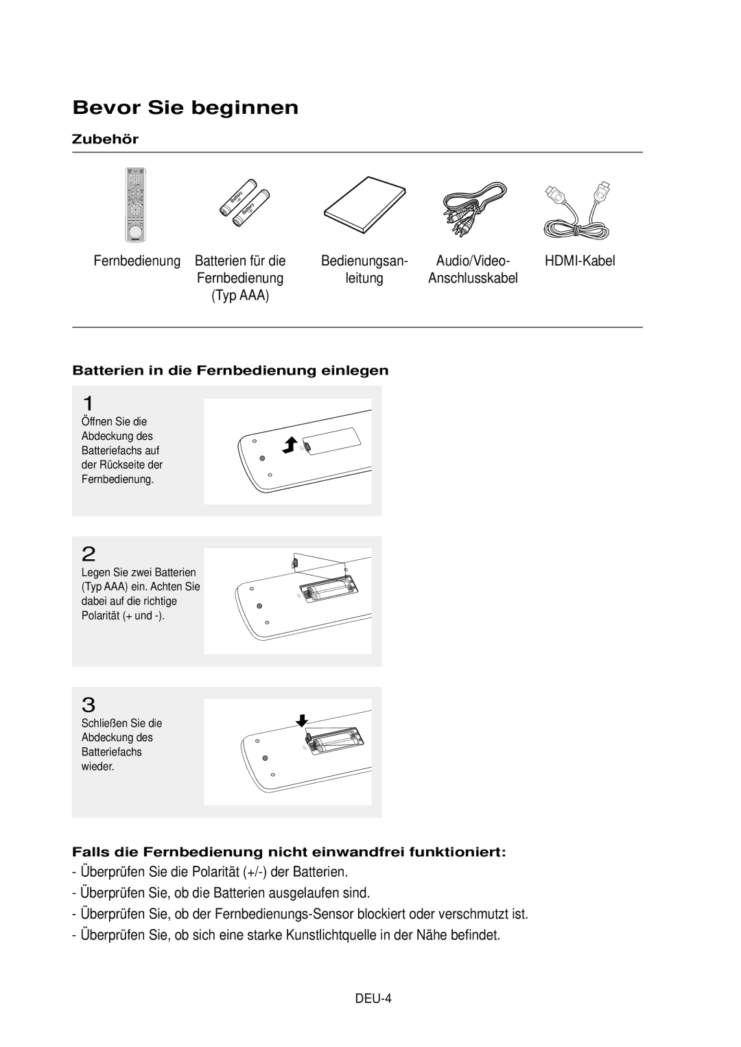 Samsung DVD-HD850/XEG manual Bevor Sie beginnen, Fernbedienung Batterien für die Bedienungsan Audio/Video 