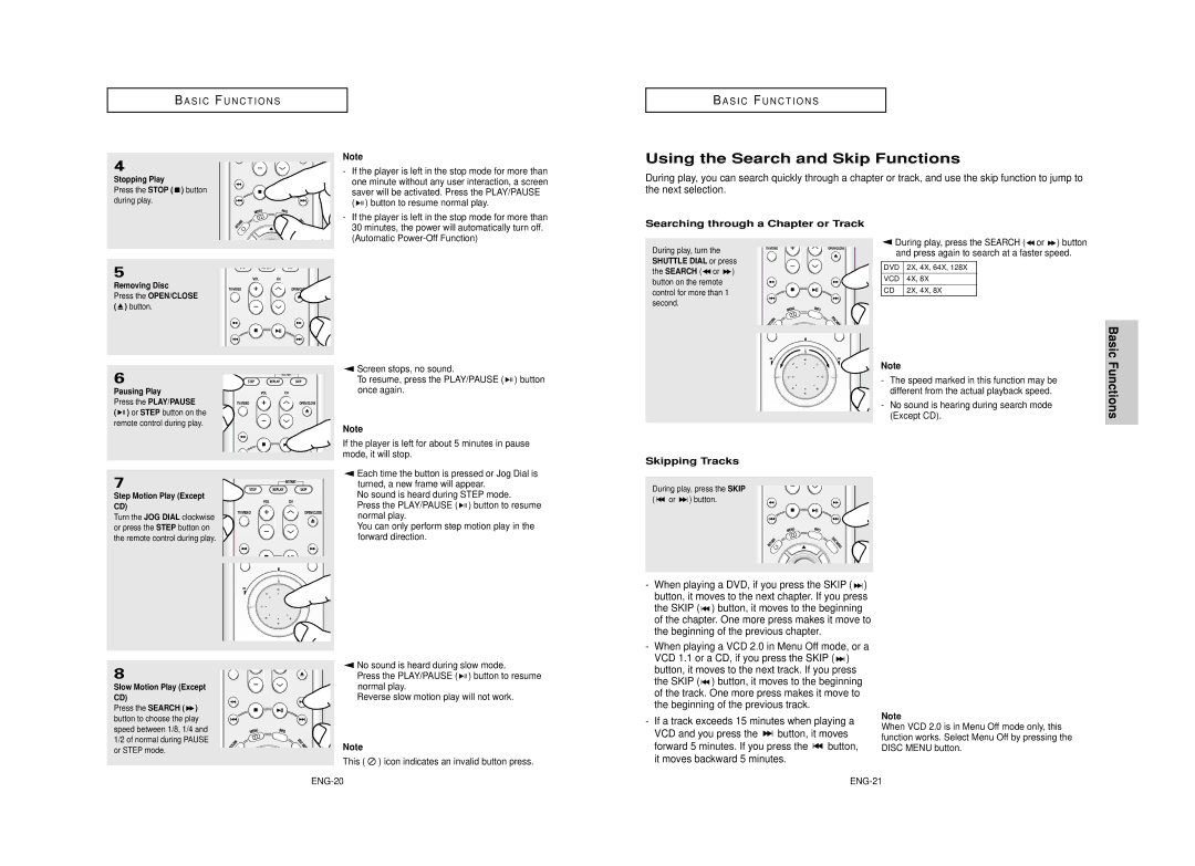 Samsung DVD-HD850/XEL manual Using the Search and Skip Functions, Searching through a Chapter or Track, Skipping Tracks 