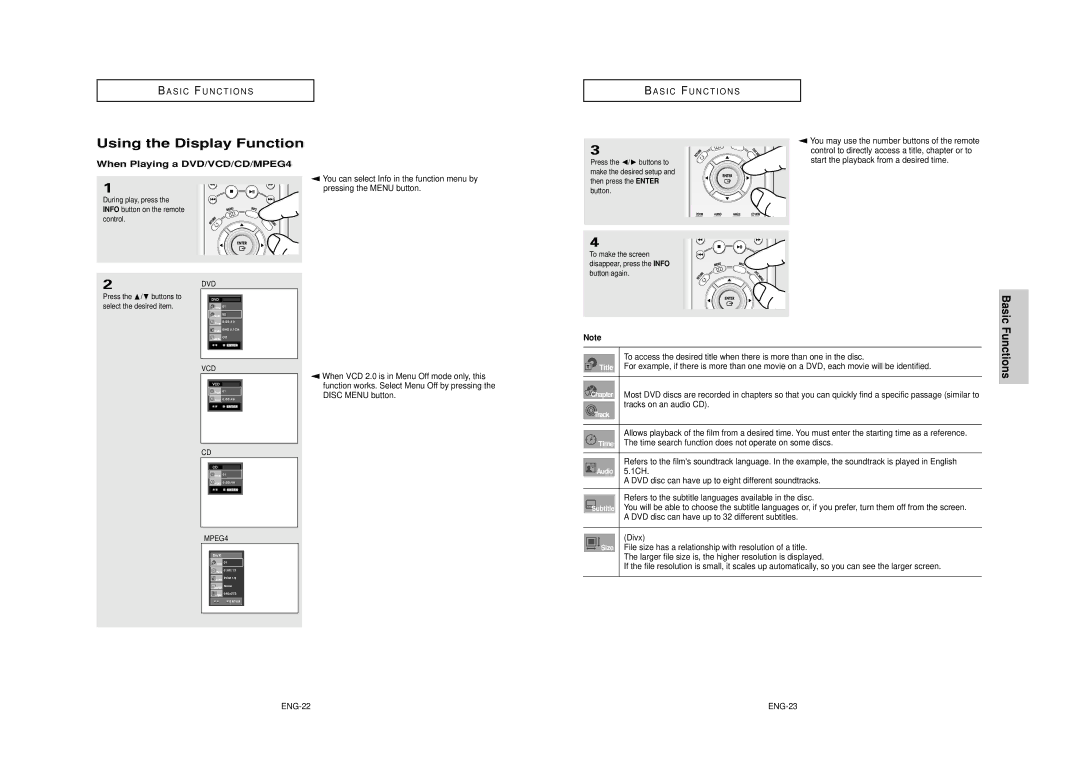 Samsung DVD-HD850/XEL manual Using the Display Function, When Playing a DVD/VCD/CD/MPEG4 