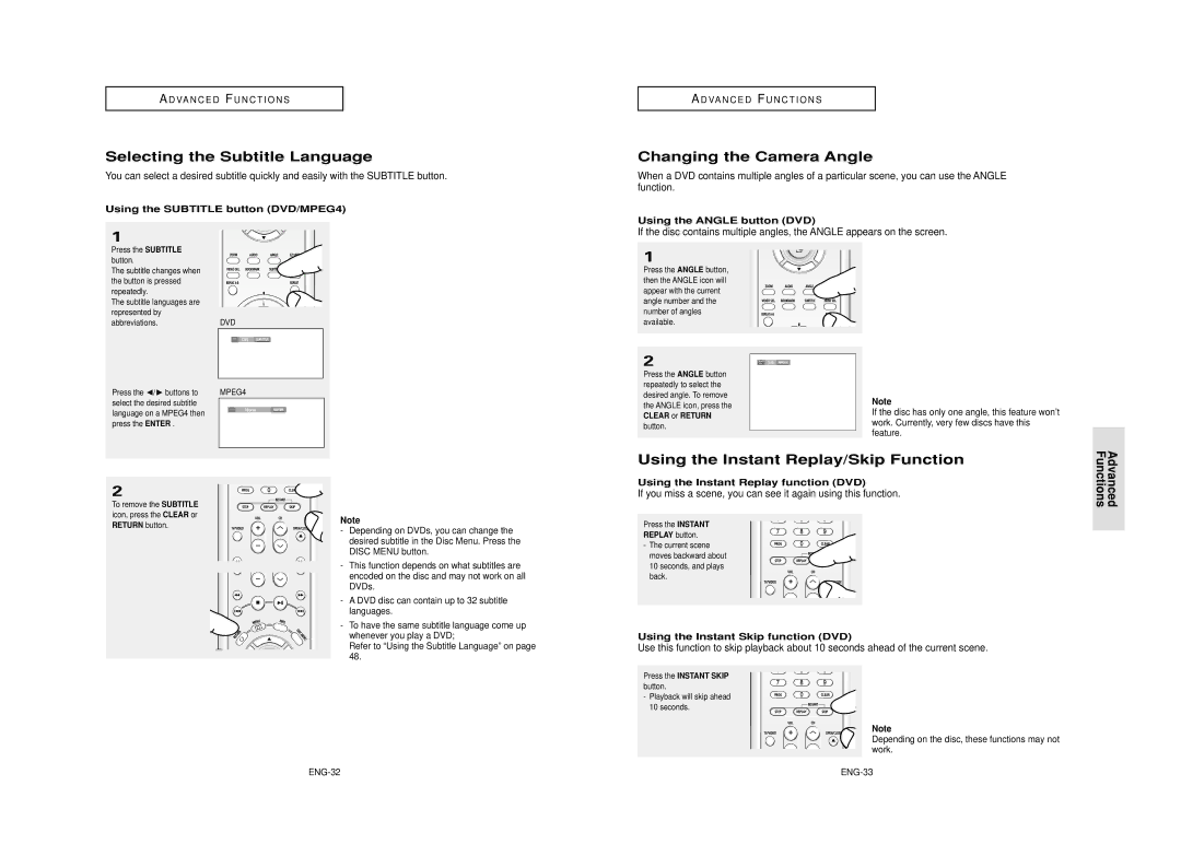 Samsung DVD-HD850/XEL Selecting the Subtitle Language, Changing the Camera Angle, Using the Instant Replay/Skip Function 