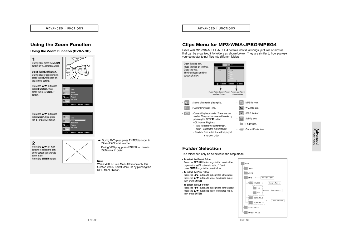 Samsung DVD-HD850/XEL manual Using the Zoom Function, Clips Menu for MP3/WMA/JPEG/MPEG4, Folder Selection 