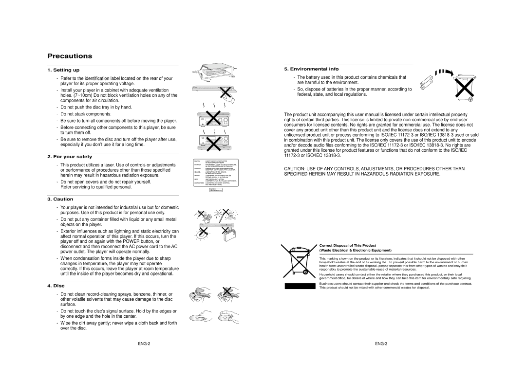 Samsung DVD-HD850/XEL manual Precautions, Setting up, For your safety, Disc, Environmental info 