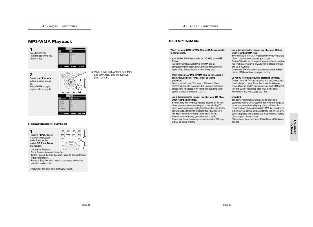 Samsung DVD-HD850/XEL manual MP3/WMA Playback, Advanced Functions, CD-R MP3/WMA file, Repeat/Random playback, ENG-38 