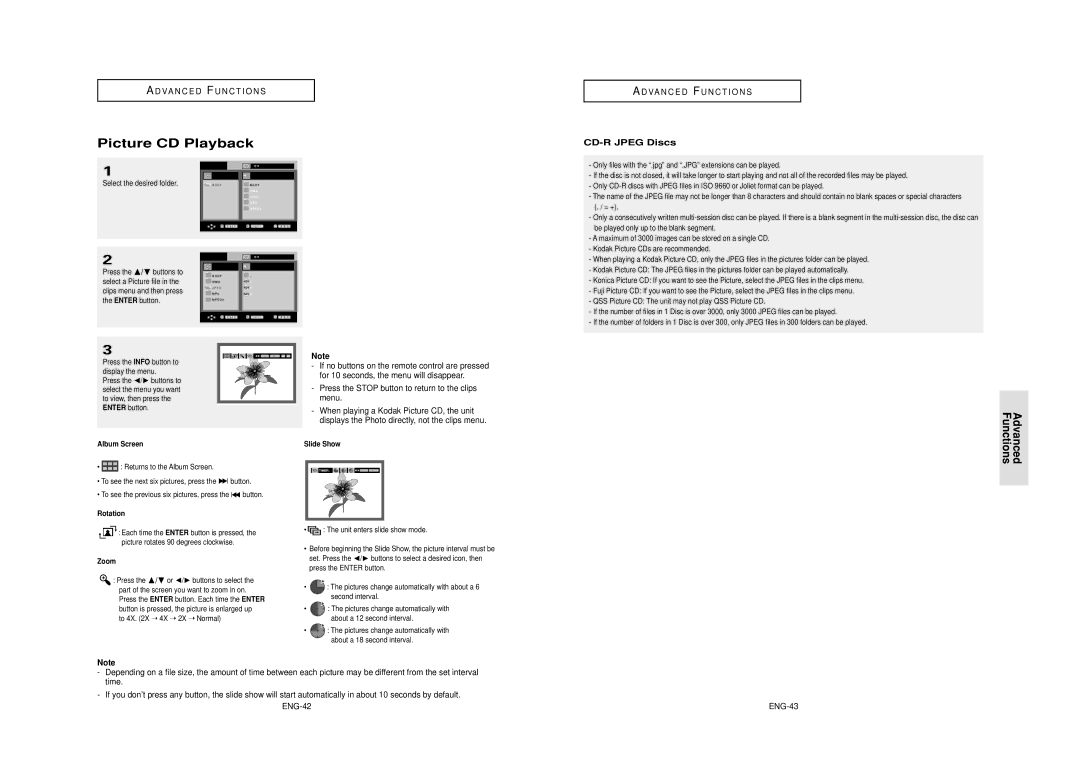 Samsung DVD-HD850/XEL Picture CD Playback, CD-R Jpeg Discs, Press the Stop button to return to the clips menu, ENG-43 