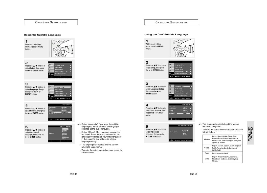 Samsung DVD-HD850/XEL manual Using the Subtitle Language, Using the DivX Subtitle Language, ENG-48, ENG-49 