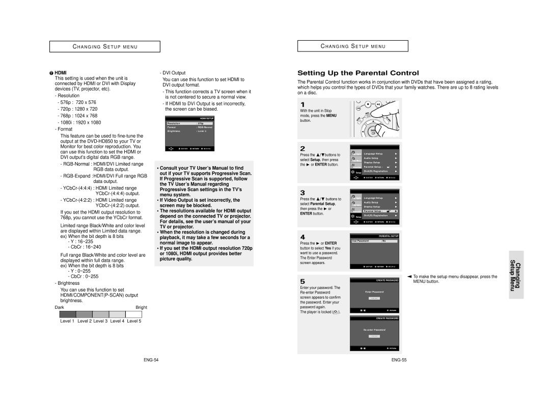 Samsung DVD-HD850/XEL manual Setting Up the Parental Control 