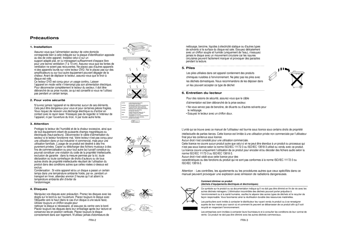 Samsung DVD-HD850/XEL Précautions, Lendommager, Utilisez toujours un chiffon souple pour, Piles, Entretien du lecteur 