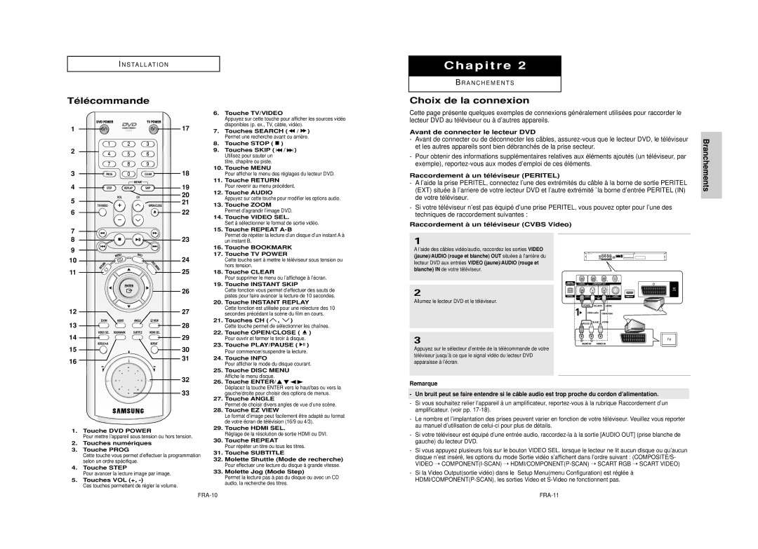 Samsung DVD-HD850/XEL manual Télécommande, Choix de la connexion, Branchements 