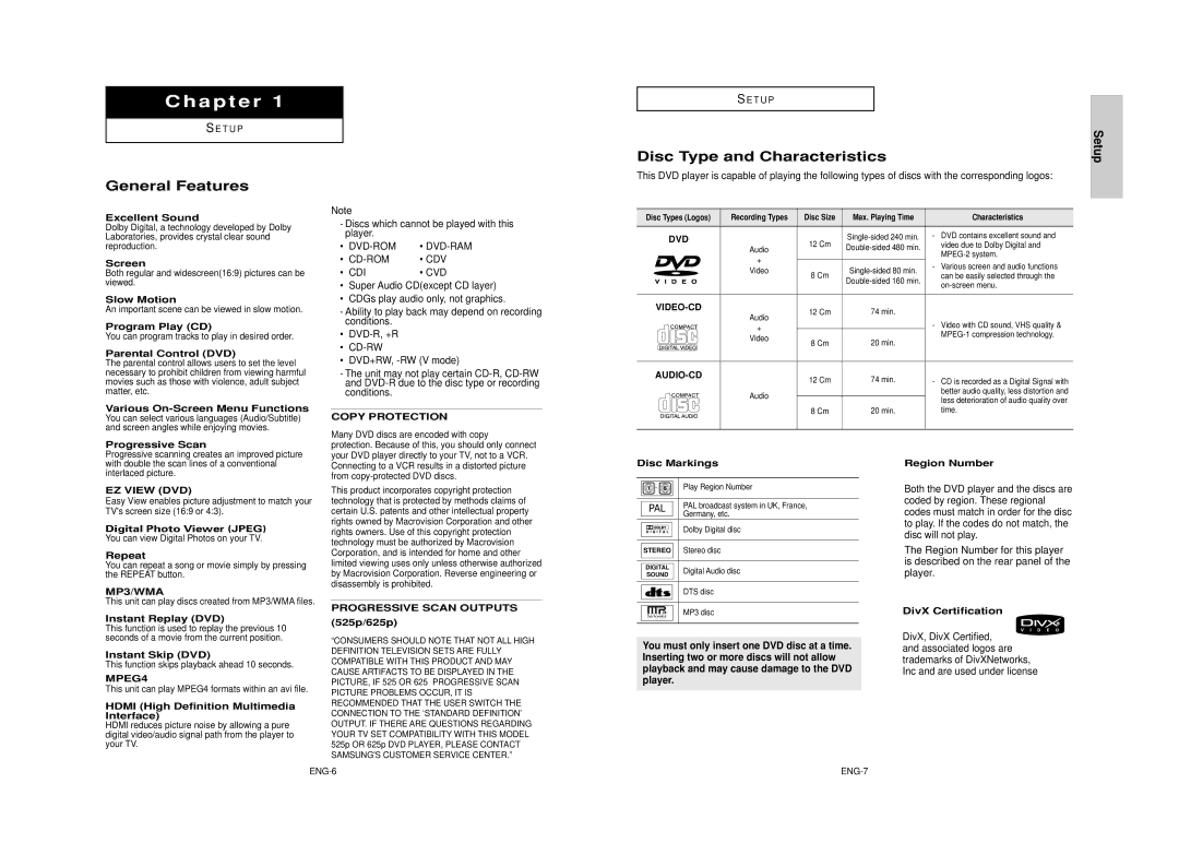 Samsung DVD-HD850/XEL manual Disc Type and Characteristics, General Features, Setup 