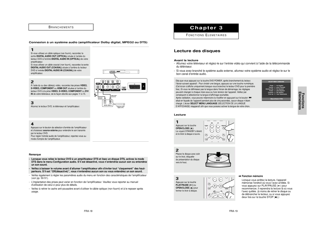 Samsung DVD-HD850/XEL Lecture des disques, Fonctions Elemetaires, Avant la lecture, Remarque Lecture, Fonction mémoire 