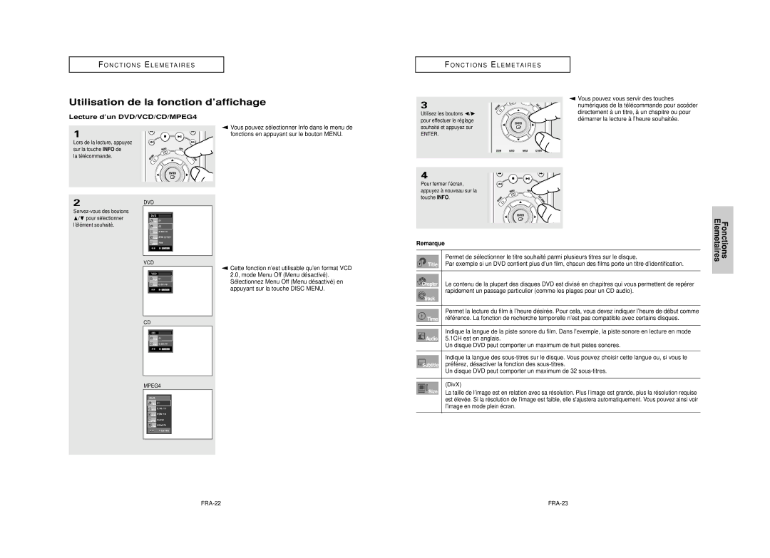 Samsung DVD-HD850/XEL manual Utilisation de la fonction d’affichage, Lecture d’un DVD/VCD/CD/MPEG4, FRA-22 