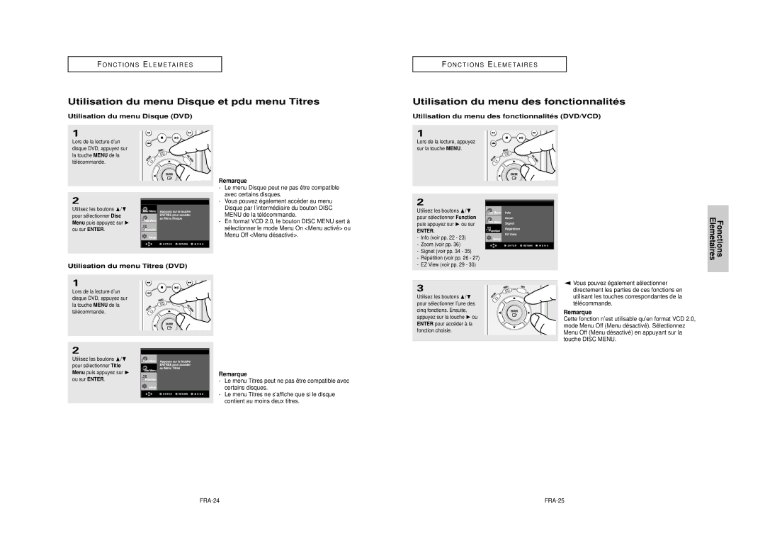 Samsung DVD-HD850/XEL manual Utilisation du menu Disque et pdu menu Titres, Utilisation du menu des fonctionnalités 