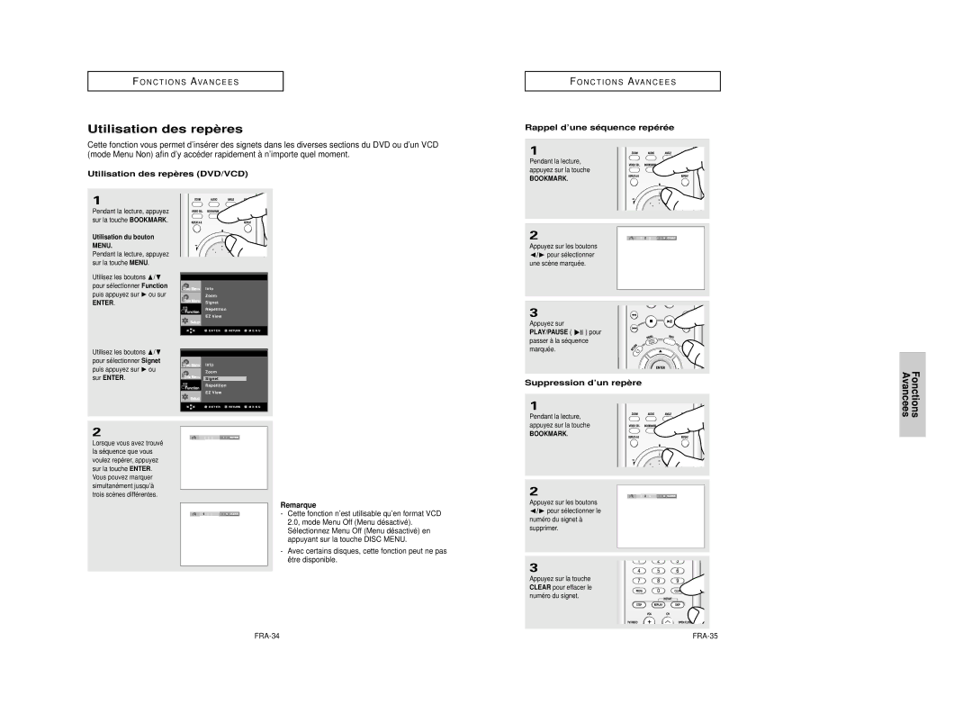 Samsung DVD-HD850/XEL Utilisation des repères DVD/VCD, Rappel d’une séquence repérée, Suppression d’un repère, FRA-34 