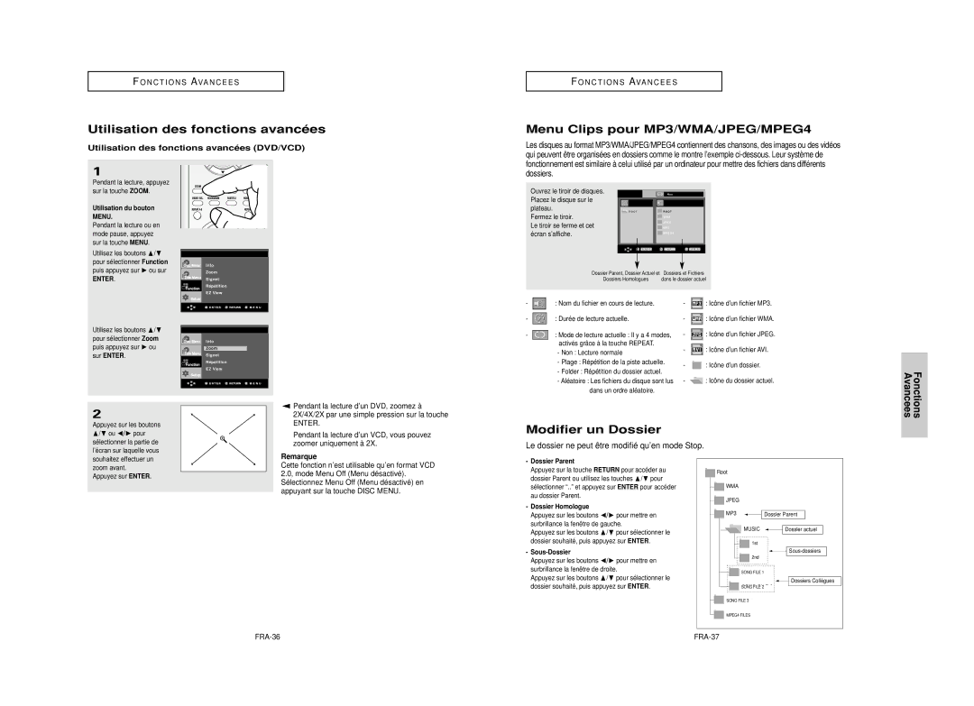 Samsung DVD-HD850/XEL manual Utilisation des fonctions avancées, Menu Clips pour MP3/WMA/JPEG/MPEG4, Modifier un Dossier 