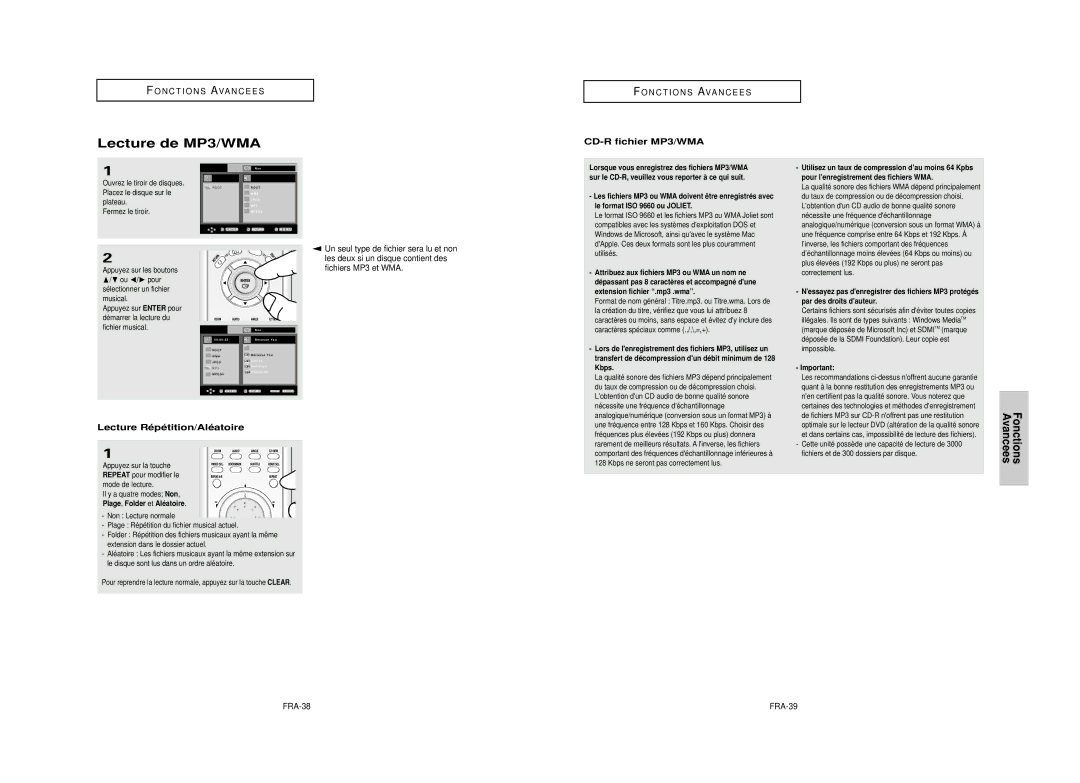 Samsung DVD-HD850/XEL manual Lecture de MP3/WMA, CD-R fichier MP3/WMA, Lecture Répétition/Aléatoire, FRA-38 