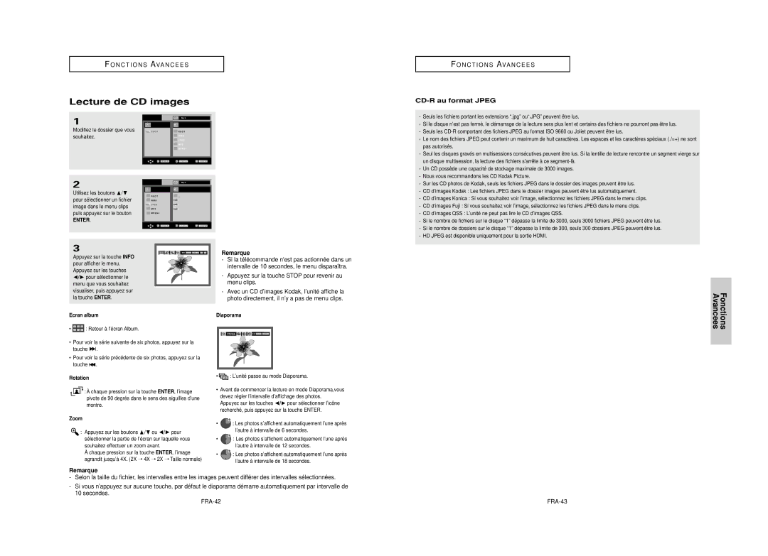 Samsung DVD-HD850/XEL Lecture de CD images, CD-R au format Jpeg, Appuyez sur la touche Stop pour revenir au menu clips 