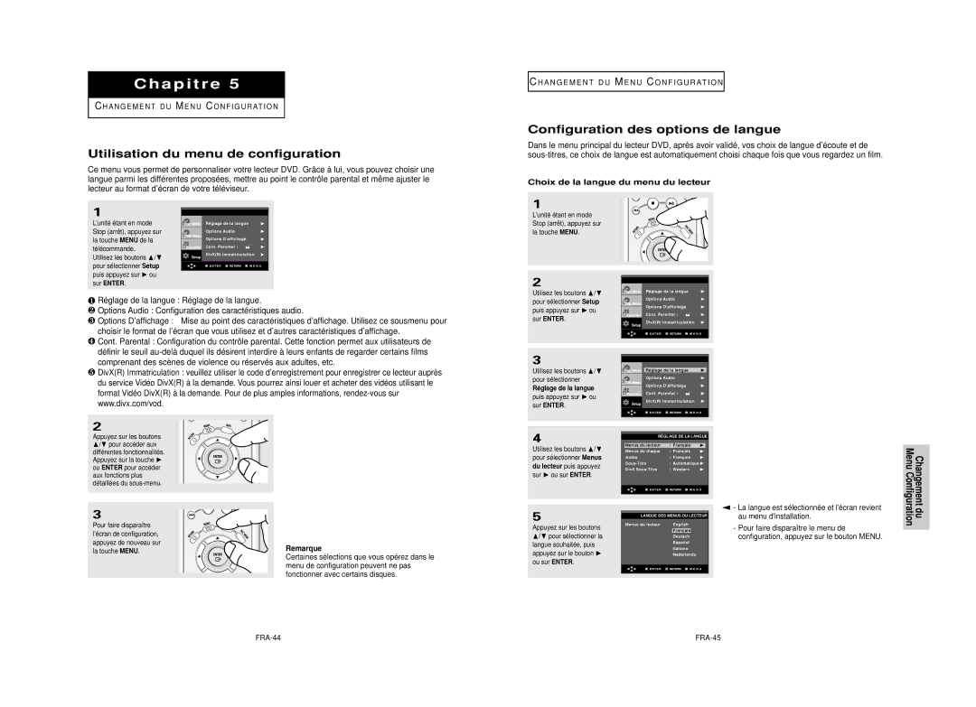 Samsung DVD-HD850/XEL manual Utilisation du menu de configuration, Configuration des options de langue, FRA-44 