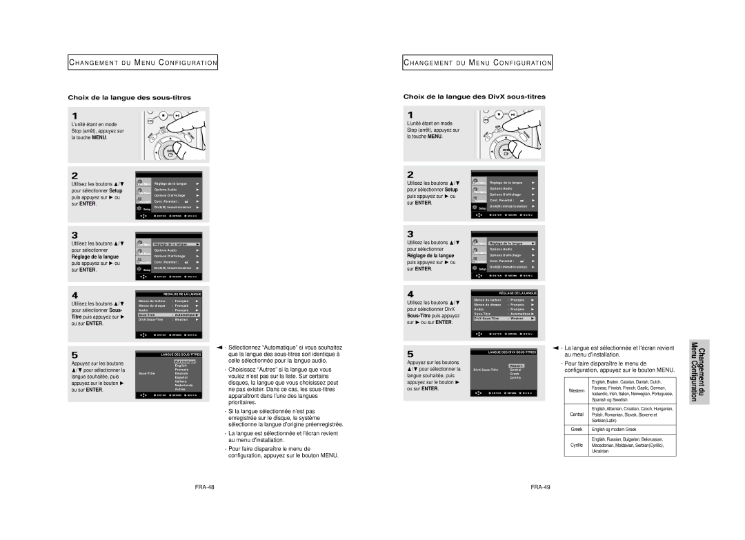 Samsung DVD-HD850/XEL manual Changement du Configuration, Choix de la langue des sous-titres 