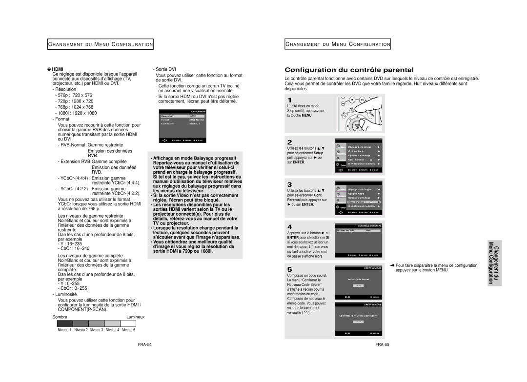 Samsung DVD-HD850/XEL manual Configuration du contrôle parental 