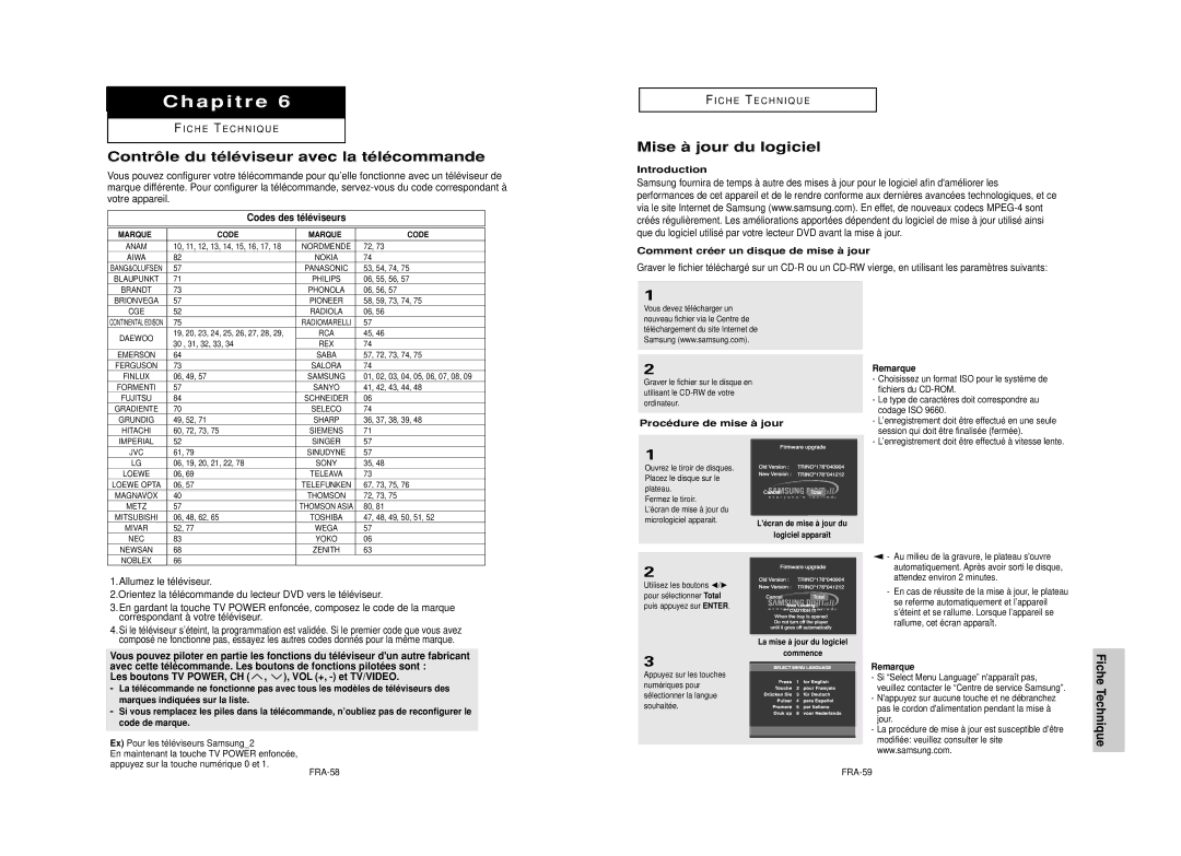 Samsung DVD-HD850/XEL manual Contrôle du téléviseur avec la télécommande, Mise à jour du logiciel, Fiche Technique 