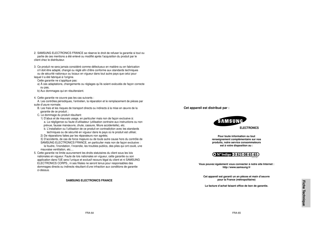 Samsung DVD-HD850/XEL manual Cet appareil est distribué par, De réparations faites par les réparateurs non agréé s, FRA-64 