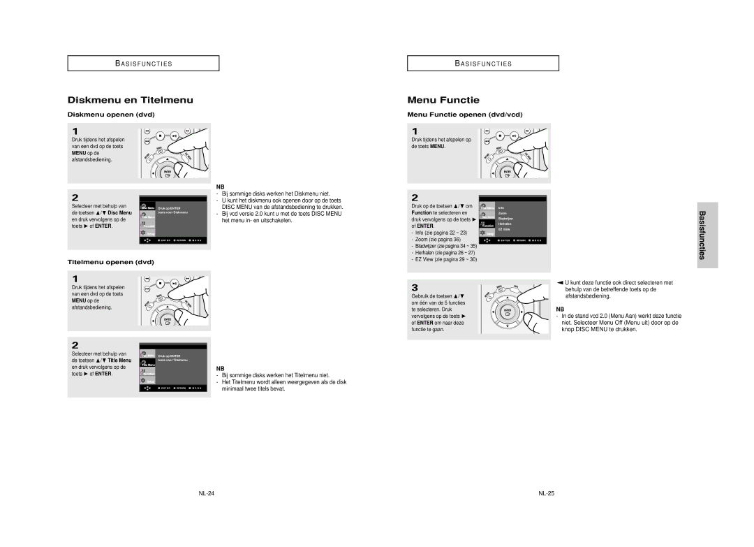 Samsung DVD-HD850/XEL manual Diskmenu en Titelmenu, Menu Functie, Diskmenu openen dvd, Titelmenu openen dvd 