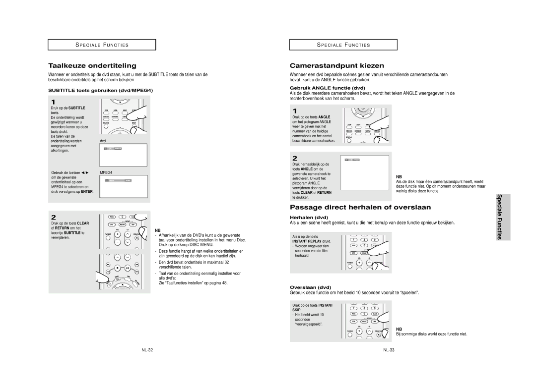 Samsung DVD-HD850/XEL Taalkeuze ondertiteling, Camerastandpunt kiezen, Passage direct herhalen of overslaan, Functies 