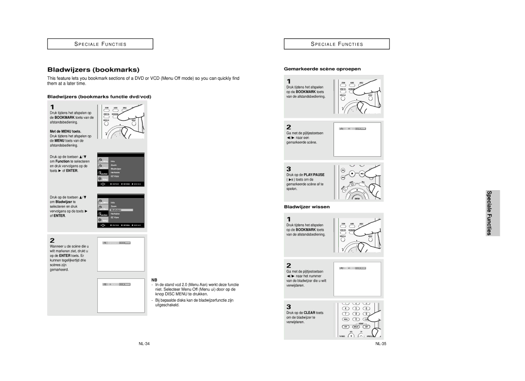 Samsung DVD-HD850/XEL Bladwijzers bookmarks functie dvd/vcd, Gemarkeerde scène oproepen, Bladwijzer wissen, NL-34 