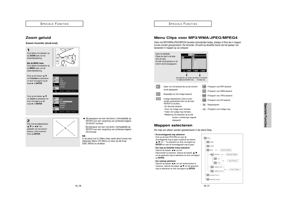 Samsung DVD-HD850/XEL manual Zoom geluid, Menu Clips voor MP3/WMA/JPEG/MPEG4, Mappen selecteren 