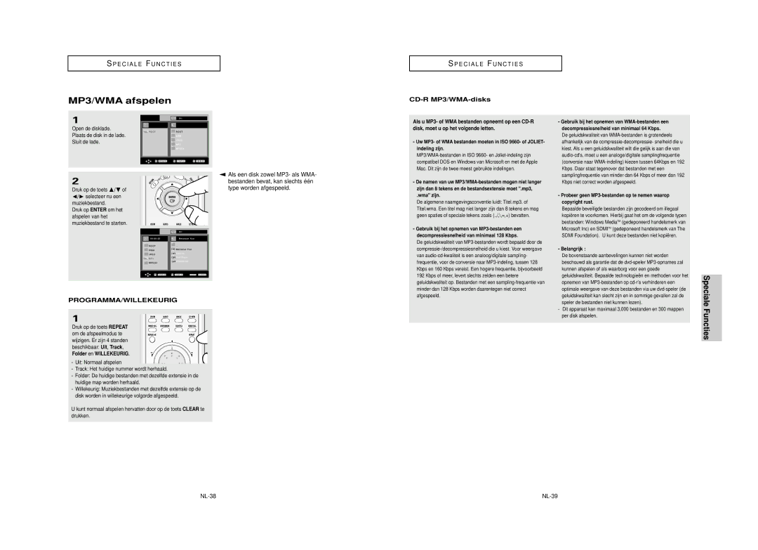 Samsung DVD-HD850/XEL manual MP3/WMA afspelen, CD-R MP3/WMA-disks, NL-38, Folder en Willekeurig 
