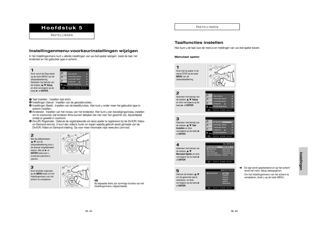 Samsung DVD-HD850/XEL manual Instellingenmenu-voorkeurinstellingen wijzigen, Taalfuncties instellen, Menutaal speler, NL-44 