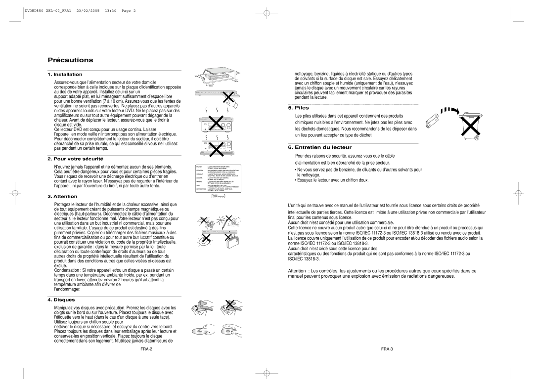 Samsung DVD-HD850/XEL manual Précautions, Lendommager, Piles, Entretien du lecteur 