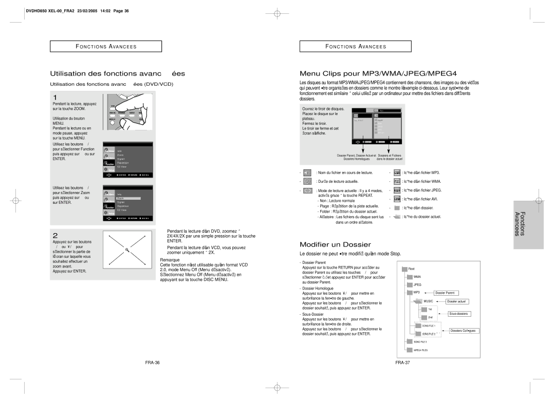 Samsung DVD-HD850/XEL manual Utilisation des fonctions avancées, Menu Clips pour MP3/WMA/JPEG/MPEG4, Modifier un Dossier 